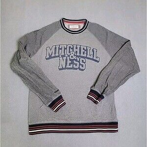 Mitchell Ness Sweater Sweatshirt Mens L Gray Spellout Pocket Crewneck Stripe Dad